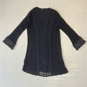 Boho Chic Black Crochet Lace Bib Tunic Dress/ Coverup with Bell Sleeves